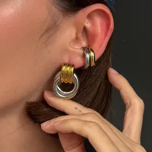 18K Gold Plated Ear Cuff & Mixed Metal Stud Earrings Set – Hypoallergenic Stainless Steel Earrings | Minimalist Chunky Earrings for Women Daily Wear