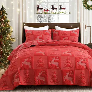 【Fansace x Grassix】3 Pieces Velvet Quilt Set with Xmas Tree Reindeer Pattern, Soft Lightweight Christmas Bedspread Coverlet with Shams,Holiday Bedding,Washable friend blanket all-season breathable microfiber satin cozy baby blanket print