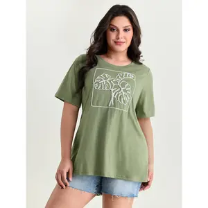 BLOOMCHIC Plus Size Embroidered Leaf Pattern Plain T-Shirt [M-6X] 2026 Summer Vibes