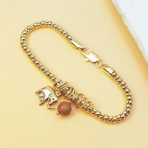 14K Gold Plated Beaded Chain Bracelet with Lucky Elephant Charm & Sunstone Pendant - Good Luck Statement Jewelry for Women, Lobster Clasp, Adjustable