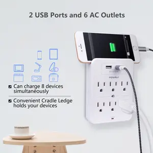 [8-IN-1]USB Wall Charger with Phone Holder, 2 USB Charging Ports(Smart 2.4A Total), 6-Outlet Extender for Your Cell Phone, White, ETL Listed
