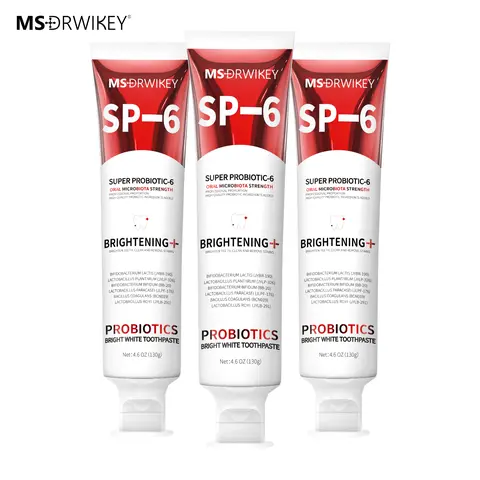 MSDRWIKEY SP-6 Super Probiotic Teeth Whitening Toothpaste Triple Set - 130g x 3 Adult Multi-Pack, Anti-Bacterial, Peppermint, Long-Lasting Fresh Breath, Oral Care, Back to School Gift Idea