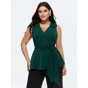 BLOOMCHIC Plus Size Collared Wrap Side Tie Long Tank Top [M-6X]2026 Summer Vibes Swimweek