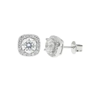 Rhodium-Plated 925 Sterling Silver Cushion Halo Moissanite Stud Earrings – 7.6mm