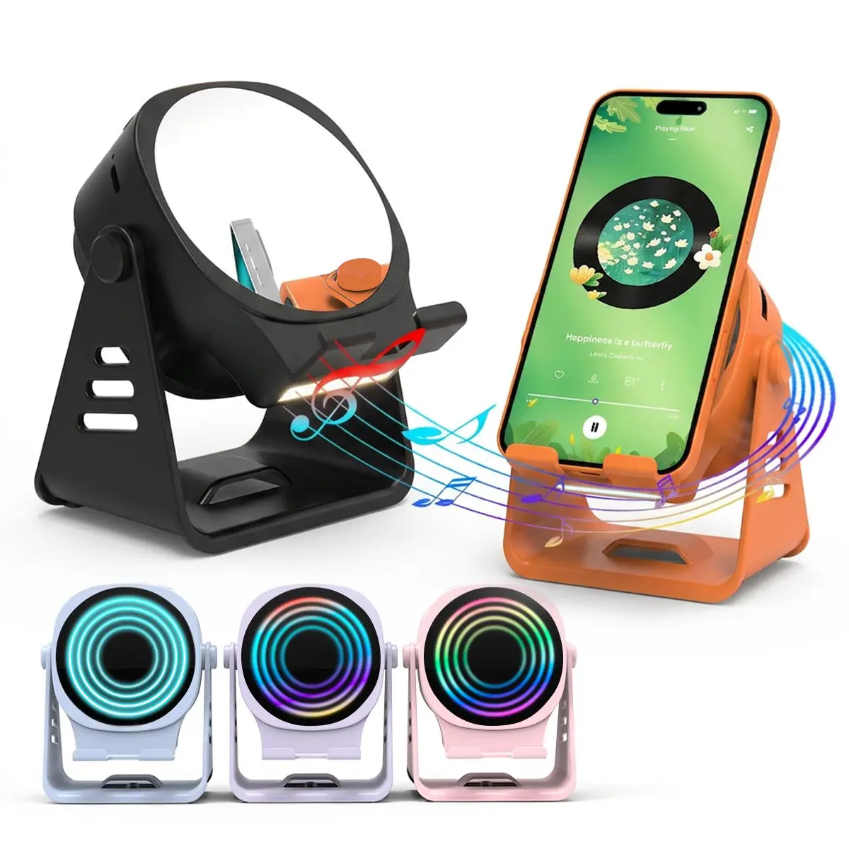Portable Wireless Bluetooth Speaker 5-in-1 with Induction Charging, Phone Stand, RGB Lights, Built-in Mirror, Rechargeable Battery & Stereo Sound – for iPhone, iPad, Samsung, Android Audio Device