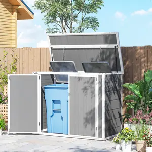 4.7x2.5FT Gray Outdoor Horizontal Storage Shed Lockable Trash Can Storage with Pneumatic Lid Chain Hook for Garden Backyard Patio Up to Two 63 Gallon Bins
