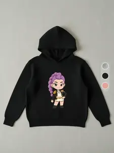 Girls' Kpop Hunter Series Hoodie, Long Sleeve Cartoon Print Pullover, Casual Comfortable Spring & Fall Fashion, Fitted Style, Graphic Casual Hoodie