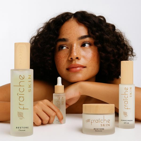 Fraîche Skin Restore Collection – Complete 4-Step Skincare Set for Hydrated Radiant Skin with Cleanser, Serum, Moisturizer & Sunscreen