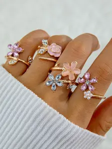 Mother's Day Gift Elegant 4-Piece Rhinestone & Faux Pearl Rings, Perfect Gift for Her, Stylish Jewelry Accessories, Fashion Floral Design Rings, Blooming Floral Accent