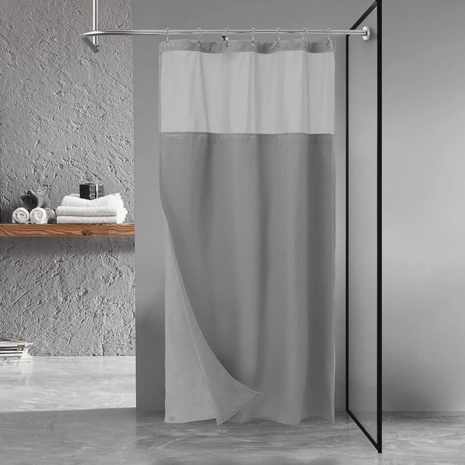 N&Y HOME Stall Waffle Shower Curtain with Snap-in Fabric Liner, Metal Hooks Set - 36in x 72in Small Bathtub Stall Size, Modern Hotel Style, Mesh Top Window, Light & Resistant, Machine Washable, Gray