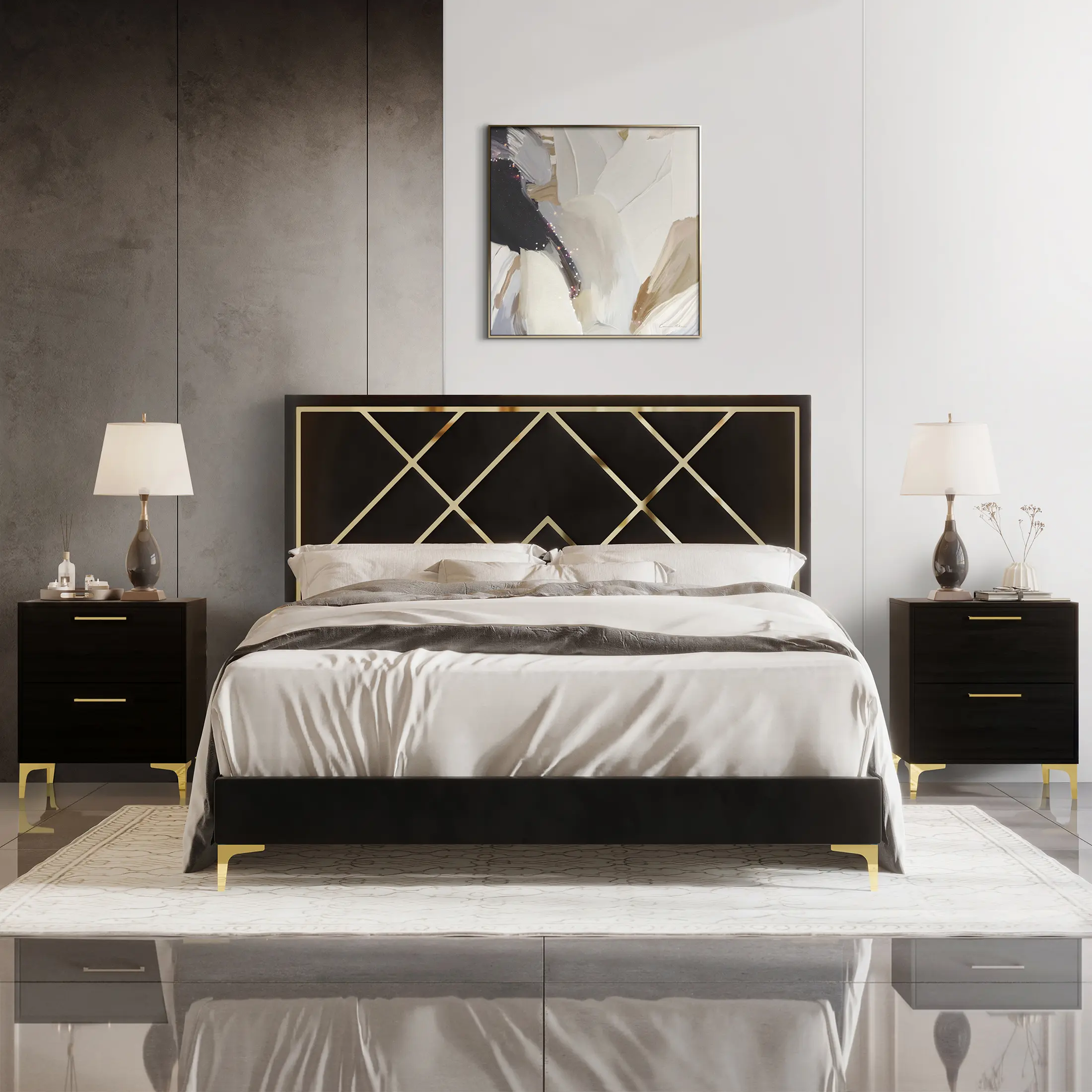 ChaletPosh 3-Piece Velvet Upholstered Bed Frame Set with Gold Acrylic Accents & Matching 2 Nightstands