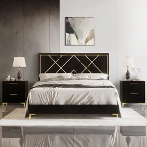 ChaletPosh 3-Piece Velvet Upholstered Bed Frame Set with Gold Acrylic Accents & Matching 2 Nightstands
