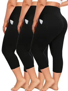 3 Pack Plus Size Women Capri Leggings High Waisted Soft Tummy Control No See Through Workout Athletic Running Yoga Capris With Pockets For Women