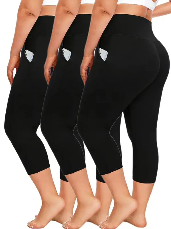 Women's 3-Pack Capri Leggings, High-Waisted Polyester Sports Bottoms with Elastic Waistband and Side Pockets for Running & Yoga, Polyester Clothing, Plus Size, 3-Pieces, Tummy Control, Female, Breathable, Fitted, Plus Size Fashion, Sporty Chic, Elastic Ba
