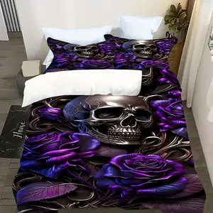 3pcs Creative Skull Pattern Bedding Set, Soft Polyester Fitted Sheet & Pillowcases, Modern Style, Digital Print, Bed Sheet Sets