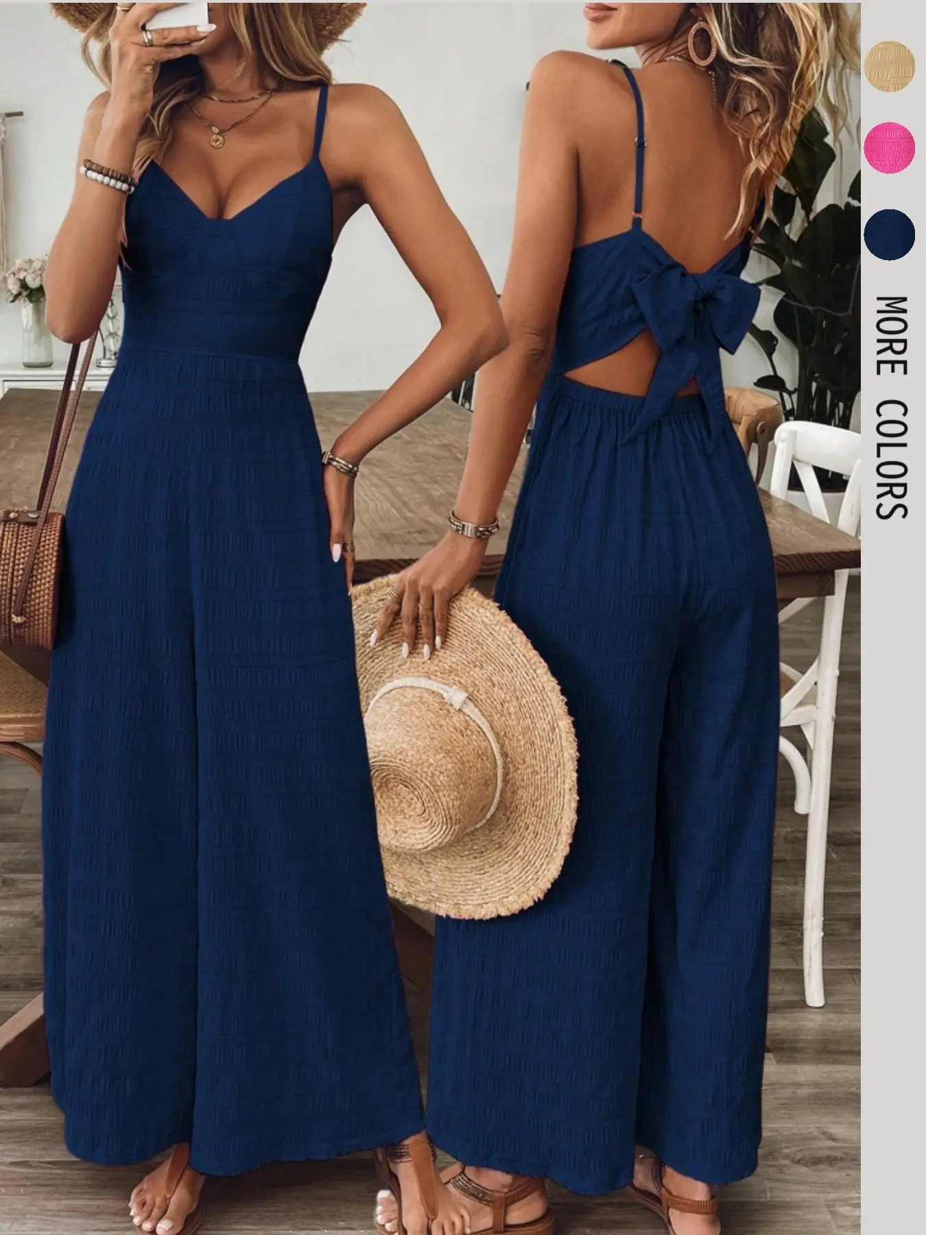 Women's V-Neck Sleeveless Bodycon Fit Pants, Breathable, Adjustable Back Bow Tie Design, Casual Vacation Chic Style, Spring Summer Fashion, Womenswear