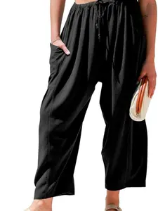 Plus Size Women's Wide Leg Seven-Quarter Pants, High Waist Elastic Design, Loose Comfort, Boho Style, Summer Beachwear with Pockets