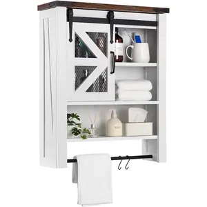 Bathroom Organizer Cabinet, Over The Toilet Bathroom Cabinet with Towels Bar & Hooks, 3-Tier Over Toilet Cabinet with Sliding Barn Door for Bathroom Laundry Kitchen, Wall Mounted