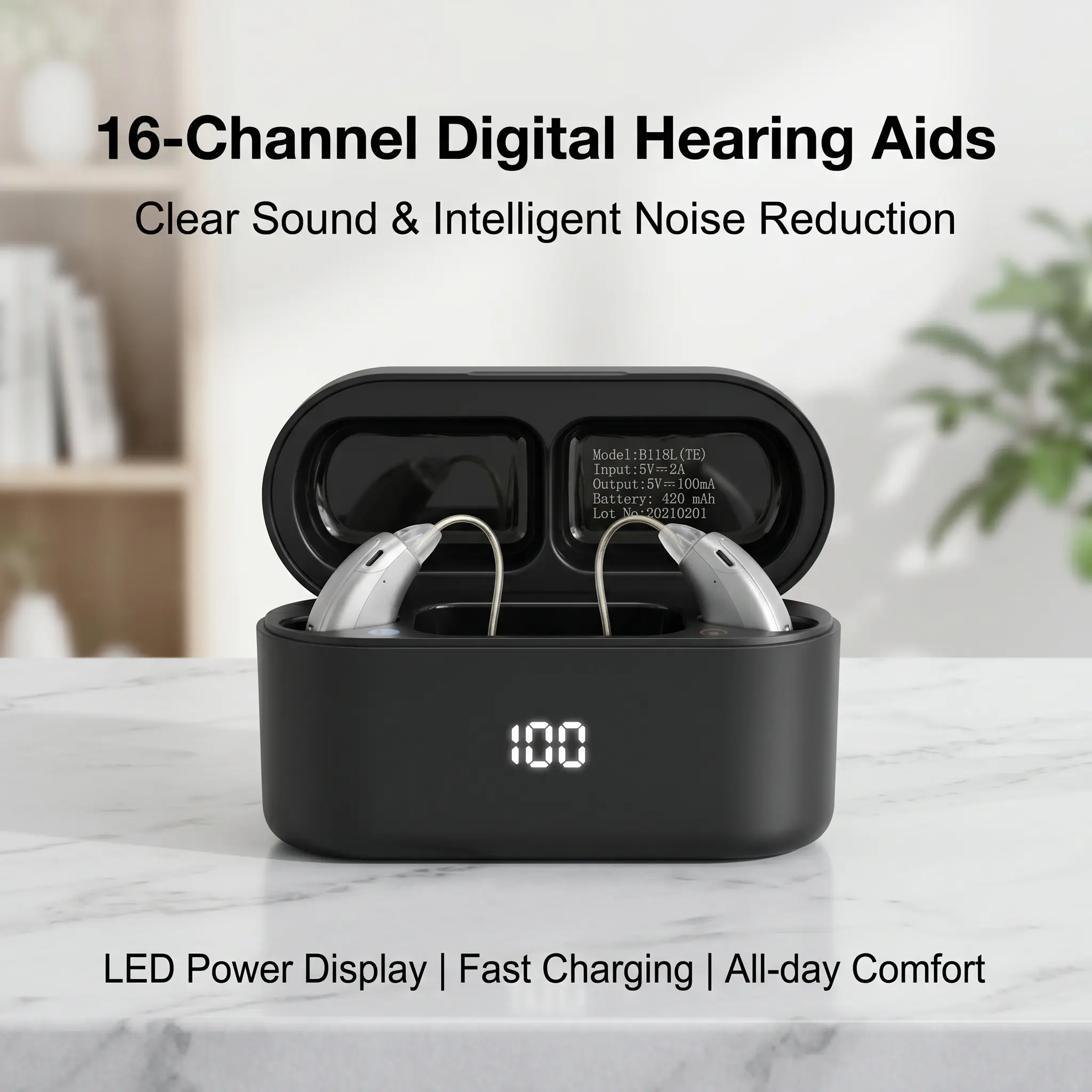 Coniler 5118-L Adult OTC Hearing Aid Kit - High-Quality Rechargeable In-Ear Hearing Aid with Bluetooth Connectivity, Smart Display, No Prescription Required clear sound