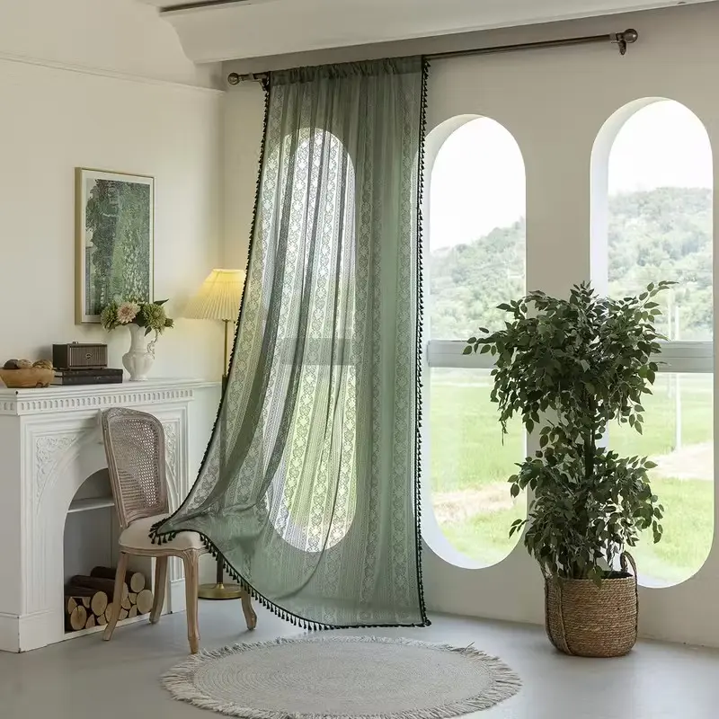 1pc Vintage Floral Embroidered Lace Curtain, Elegant Ruffle Semi-Transparent Privacy Sheer Curtains for Living Room or Bedroom, Home Decoration Curtain