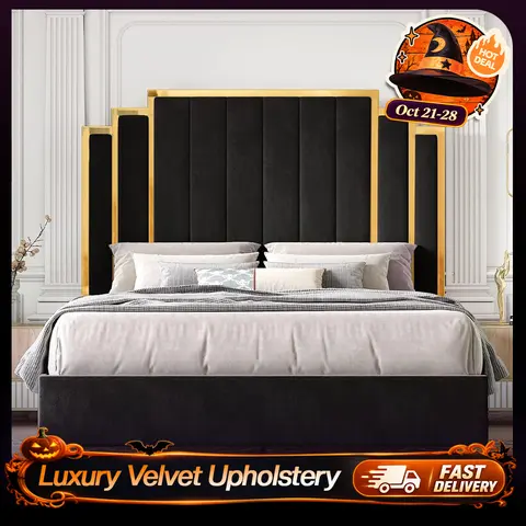Amerlife King Size Upholstered Platform Bed Frame - Modern Velvet Headboard with Gold Trim, Durable Metal-Wood Slats, Box Spring Free, Unique Bedroom Furniture, 61"/65" Tall Back, Christmas Gift Idea,familyfun
