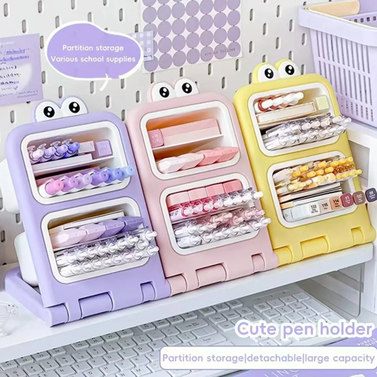 Desktop Slant-Insert Storage Box, Large Capacity Cute Cartoon Layered Pen Holder, Desk Organizer Tidy for School & Office, Girly Office Supplies, Desk Accessories, Stationery Organizer