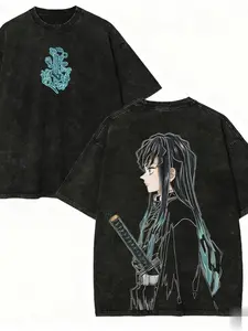 Men's street wear, Fitted, anime Graphic pattern T-shirt, using water washing and aging technology, presenting a retro wear and tear texture, matching the element tone of 'Xia', belonging to the 'anime IP+American retro oversize' single item