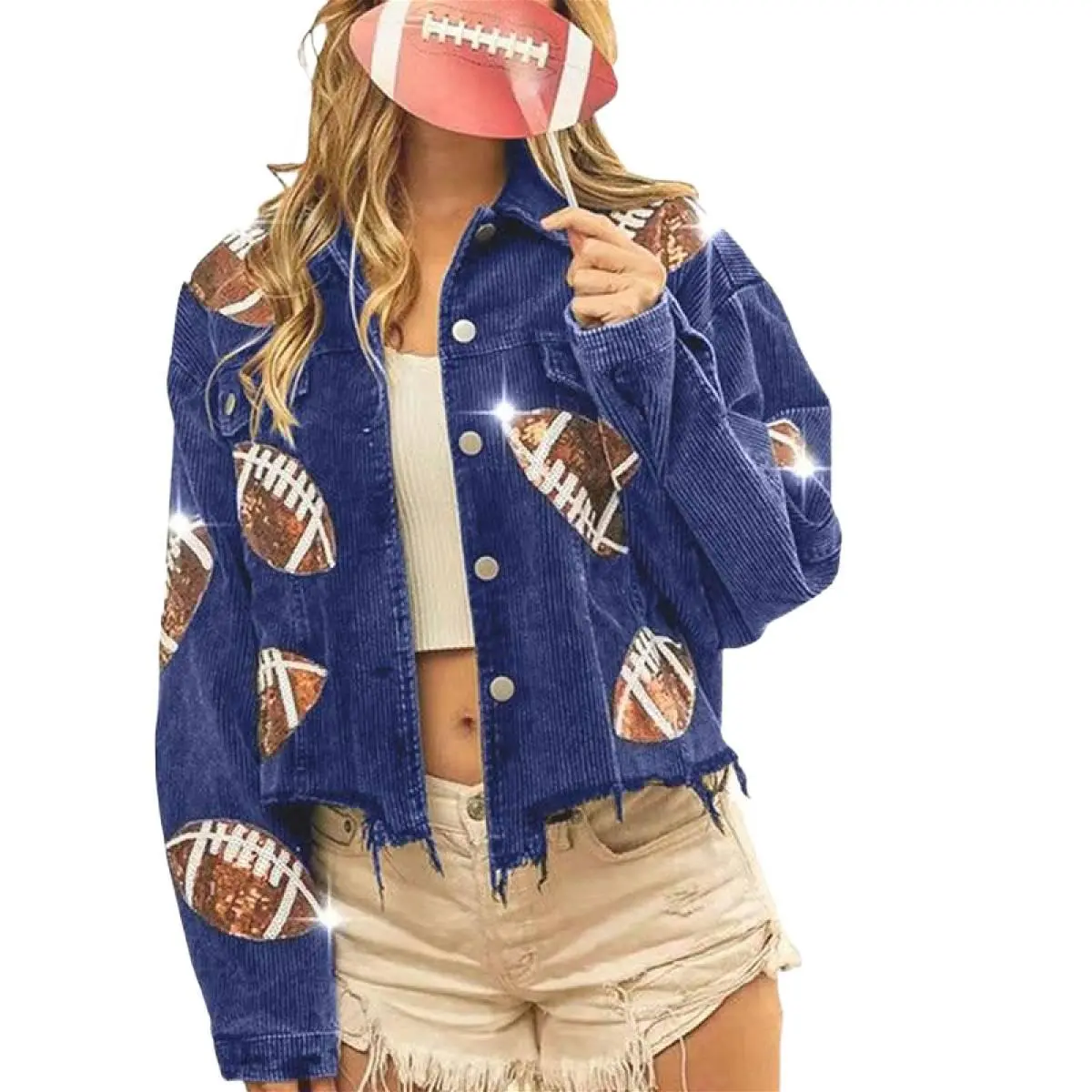Women's Corduroy Sequin Football Cropped Jacket - Oversized Button Down Shacket for Game Day, Perfect for Casual Outfits, Trendy Streetwear, or Sporty Fall Style Womenswear Coats