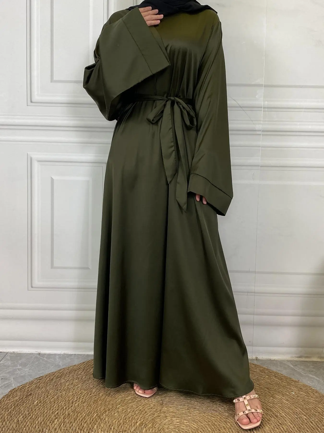Women's Solid Color Long Sleeve Dress with Belt, Modest Round Neck Dress for Daily Wear, Women's Islamic Clothing for Fall