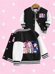 Girls' Cute Anime K-Pop Idol Baseball Jacket, Casual Loose-Fit Cartoon Pattern, Spring & Fall Fashion, Perfect Gift for Birthday, Casual Cute Outerwear