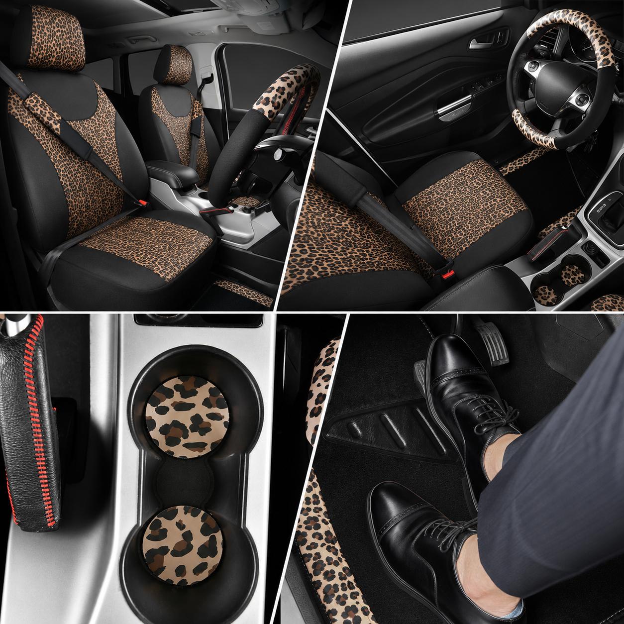 Leopard Print Car Seat Covers Front Seats Set, PU Leather Universal Fit Seat Protector with Steering Wheel Cover, Floor Mats, Seat Belt Pads & Cup Mats, Stylish Auto Interior Accessories for Cars SUV Truck