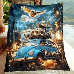 A lightweight flannel blanket designed with Magic Academy, owl, wizard hat, vintage car, and magic book motifs. As a gift for family or friends, this 100% polyester knit blanket is suitable for all seasons and can be used on the sofa, in the office, on th