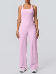 Women's Sports Suit, High Support U-Neck Tank & High Waist Wide Leg Pants Set, High Elastic Slim Fit Moisture-Wicking Gym Wear, Solid Workout Running Pilates Suit, Gym Outfits