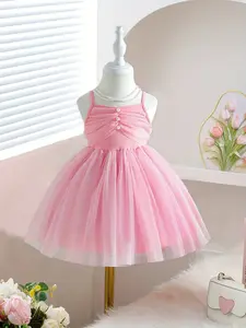 GirlSweet princess style camisole dress for girls in summer, dreamy soft girlish style, knitted and spliced mesh dress, pearl buckle decoration+fluffy mesh skirt, Layered tulle skirt, Valentine's Day gift, suitable for birthday parties