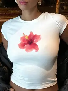 Women's Slim Fit Crew Neck Crop Top, Hibiscus Graphic Floral Flower Print, Y2K Aesthetic Short Sleeve T-Shirt, Casual Streetwear for Summer Beach Vacation