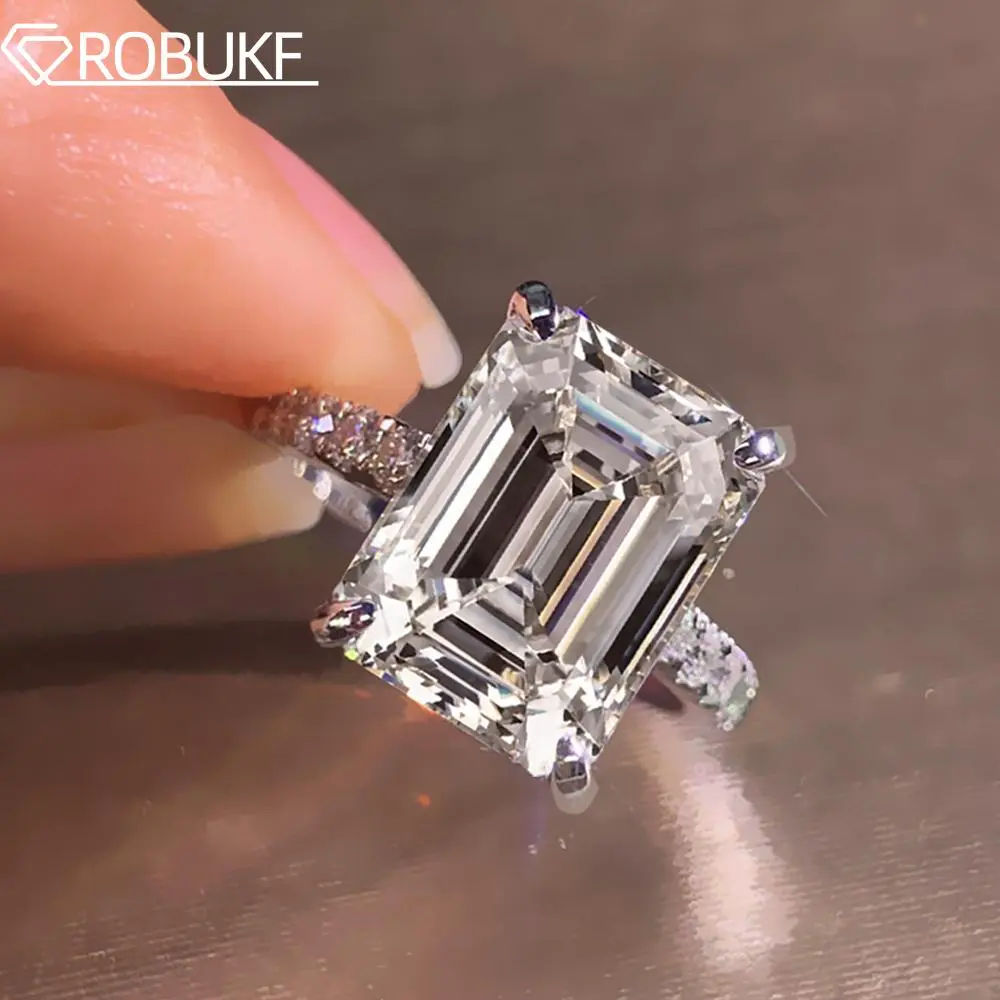 EmeraldRadiant Cut Real Full Moissanite Ring for Women 810mm D Color Diamond 925 Sterling Silver Wedding Band with Certificate