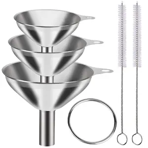 Metal Stainless Steel Funnel, Large Medium Small Funnel Set of 3, Food Grade Mini Funnels for Kitchen Use Filling Bottles Flask Cooking, 2 Brushes
