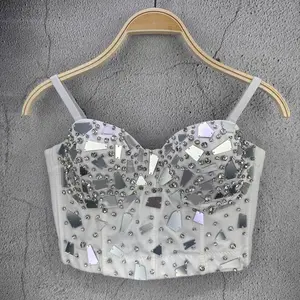 Tank Tops Short Punk Style Handmade Stitched Sequins Rhinestone Gliesten Corset  Vest Sexy Clothes Girls Fishbone Hot Summer Spring Outfits Woman Bra Blusas Clothing Sling White Black Wedding Party Blind Date Stage Party Shaper Ladies Crop Shirt Tube Tops