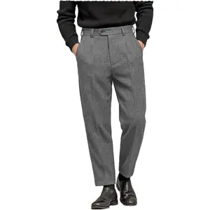 Men's Tweed Pants Herringbone Thick Wool Pleated Front Dress Suit Vintage Trousers