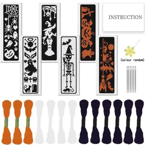 6countse retro electronic digital style Halloween themed cross stitch bookmark handmade DIY set, bookmarks with witch, skull, and ghost patterns, suitable for adult beginners and sewing enthusiasts, unique Halloween decoration, book markers for book lover