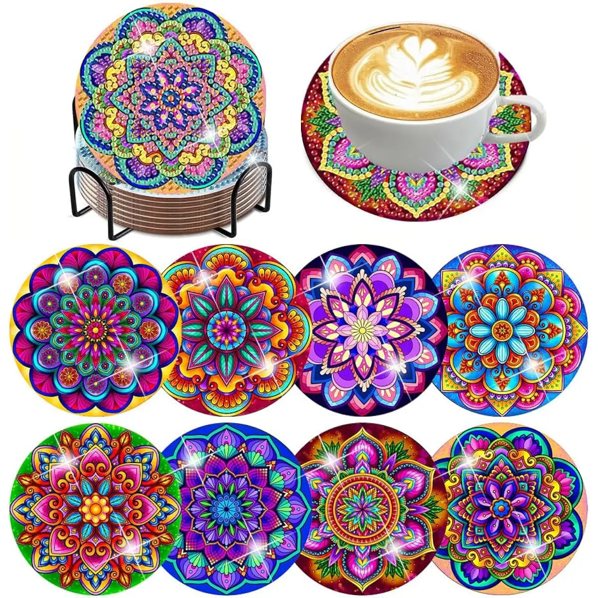 Mandala Diamond Painting Coasters Kit with Holder (4x4in) – Double Layer Cork-Wooden Pad Board, Strong & Wear-Resistant, Numbered Guide, Heat Resistant Adults’ Art Craft Supplies Kitchen Tableware Gift
