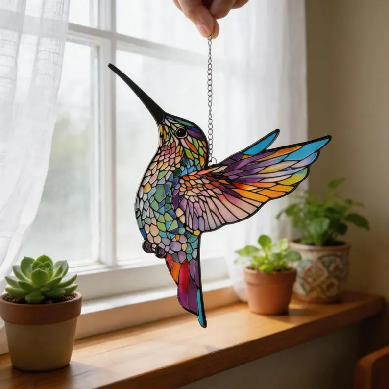 Hummingbird Acrylic Stained Glass Suncatcher, Colorful Window Hanging, Rainbow Light Sun Catcher, Gift for Mom, Bird Lover Decor, Home Window Art