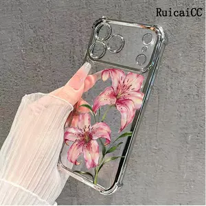 Pink Lily Watercolor Flower Pattern Four Corner Anti-Fall Phone Case Transparent Electroplated Protective Cover for iPhone 17 Pro Max 16 Air 15 Plus 14 13 12 11 Samsung Galaxy S26 S25 S24 S23 S22 FE Plus Ultra