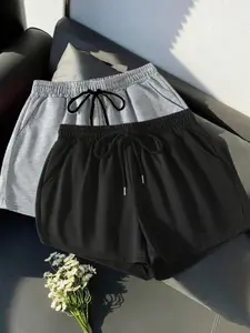 Women's Solid Color Elastic Waist Shorts, Loose-Fit Comfortable & Breathable Design, Perfect for Summer Daily Wear