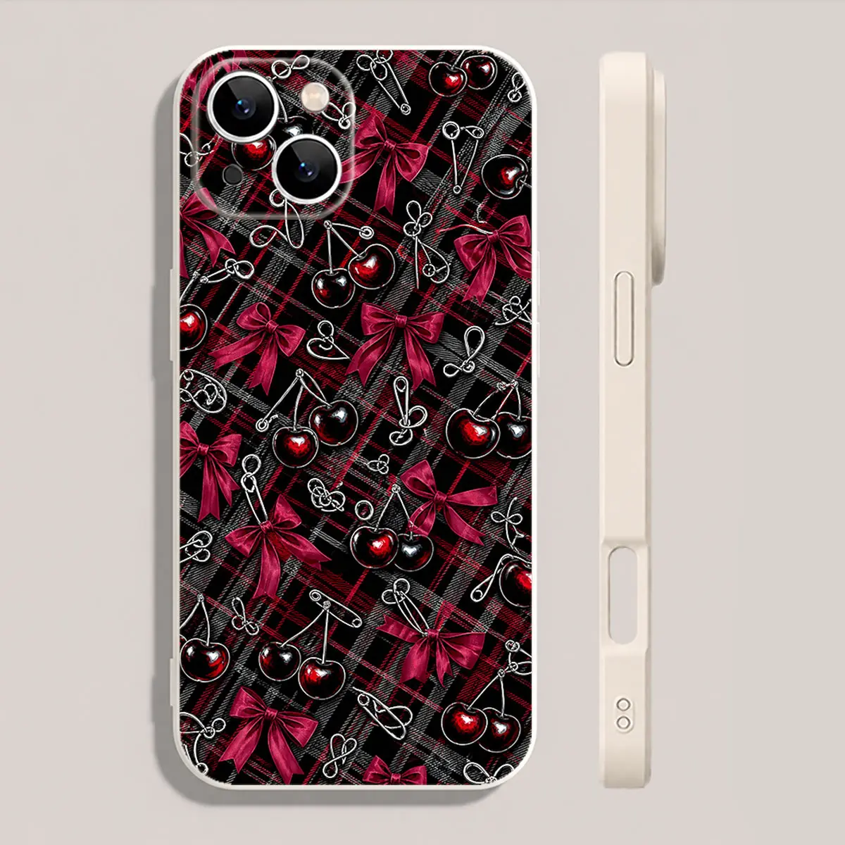 Cherry Bow Plaid Phone Case Dark Coquette Y2K Romantic Pattern Soft Silicone Cover for iPhone 17 16 15 14 13 12 11 X Plus Pro Max Cherry Lover Gift