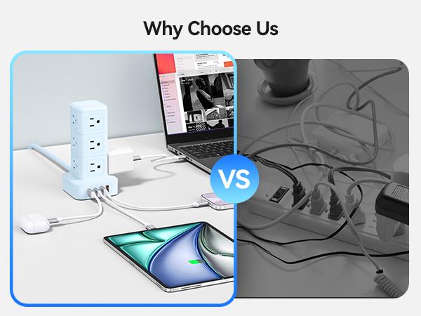 ORICO Power Strip Tower with Multiple Outlets, Tower Extension Cord with 12 AC Outlets 4 USB Ports (2 USB C), Space Saving Design, 5FT Cord Power Tower for Home, Office, Dorm - TPP20