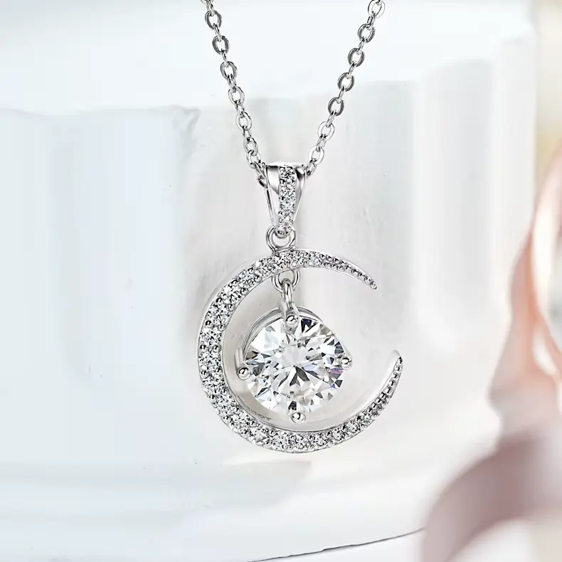 Genuine 925 Sterling Silver 2CT Moissanite Moon Planet Pendant Necklace (19")