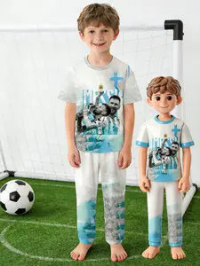 Boys Lionel Messi World Cup Pajama Set, Short Sleeve T-Shirt & Pants, Sporty All over Print, Fitted Sleepwear for Kids