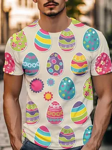 Full-Print Egg Floral T-Shirt, Macaron Color Block Design, Loose-Fitting Slimming, Spring Outdoor Casual Wear, Parent-Child Interactive Activities Essential