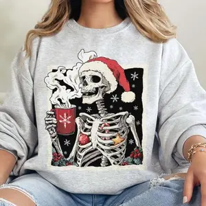 Dead Inside Skeleton Christmas Sweatshirt, Skeleton Coffee Lover Shirt, Christmas Skeleton Sweater, Funny Santa Skull GB4